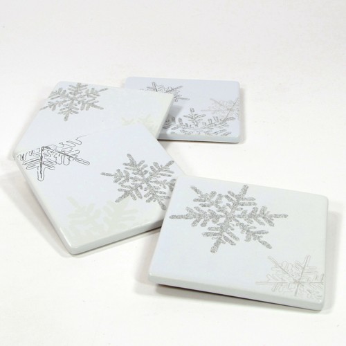 St. Nicholas Square SNOWFLAKES 4" Drink Coaster Set 4Pc White Silver Gold MIB - Picture 12 of 12