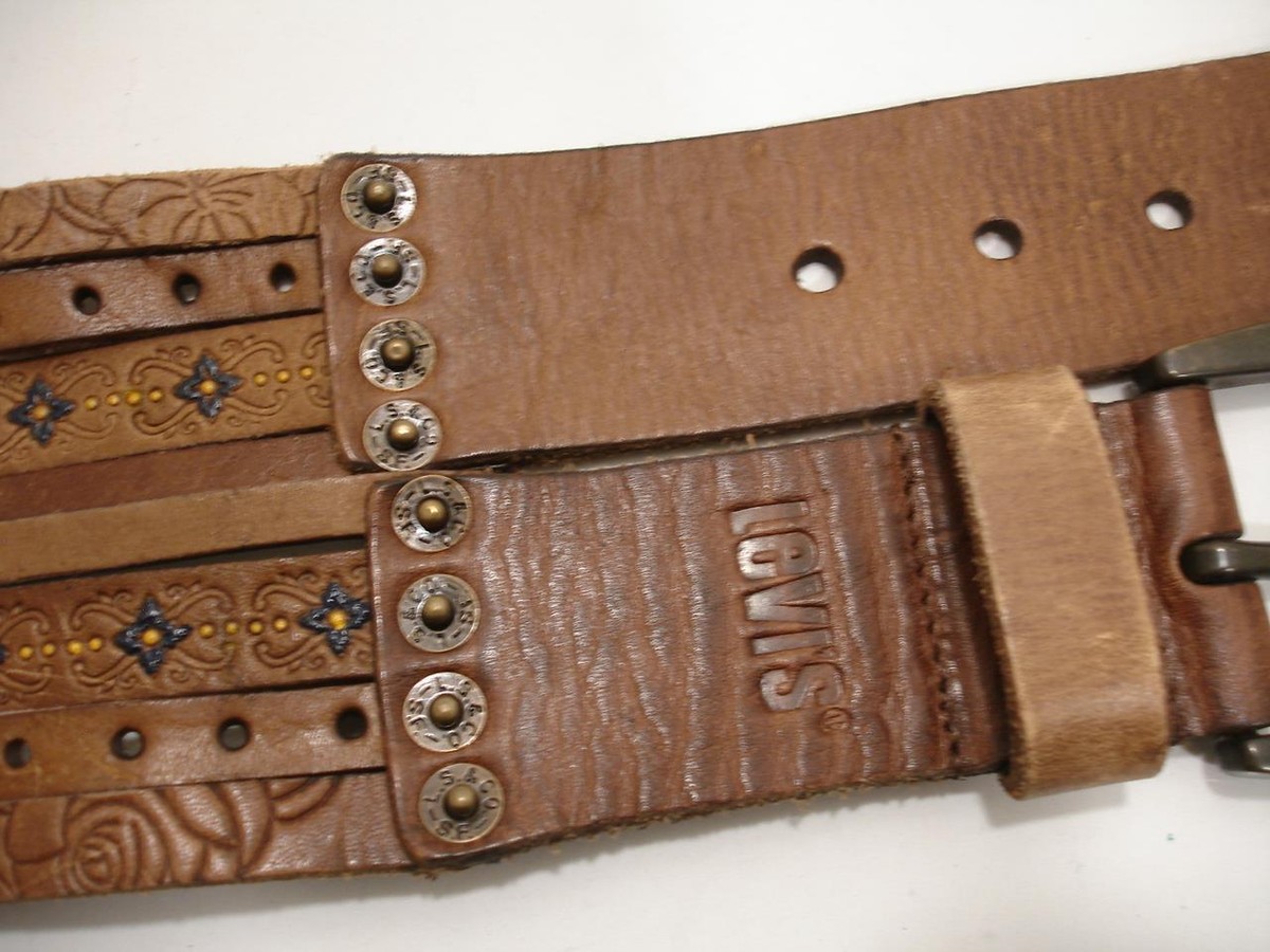 Men's Women's L 36 Levi's Vtg Brown Tooled Leather Brass