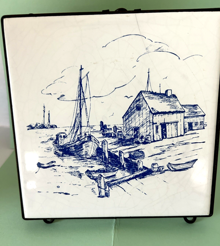 Trivet/Tile Trimmed in Black with Stand Vintage 6" x 6" Fishing/Sea Scene
