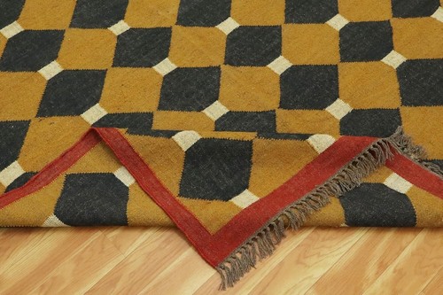 Alfombra grande de yute de lana alfombra 7x10 Kilim - amarillo negro lana natural yute mano - Imagen 17 de 42