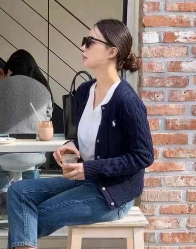 NEW POLO RALPH LAUREN Women Cable-Knit Cotton Crewneck Cardigan Blue Large - Picture 5 of 10