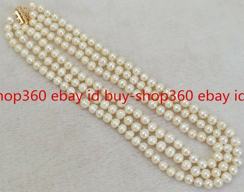 Real 8-9mm 3 Rows White Baroque Cultured Fsehwater Pearl Beads Necklace 18-20'' - Picture 7 of 12