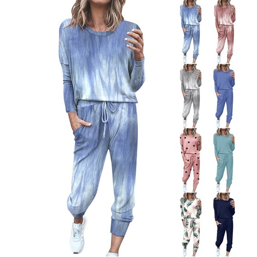 Women's 2 Piece Outfit Long Sleeve Tops with Drawstring Long Pants Tracksuit Set - Picture 3 of 73