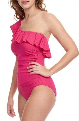 PROFILE BY GOTTEX Solid One-piece Ruffle Off Shoulder Rose Swimsuit Size 14 - Picture 3 of 5