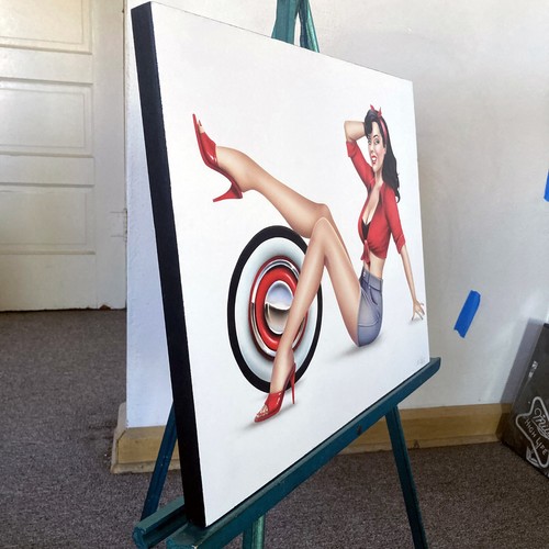 Hot Rodder Pin Up Girl 16x20 Original Gemälde Airbrush Weißwand Reifen - Bild 8 von 8