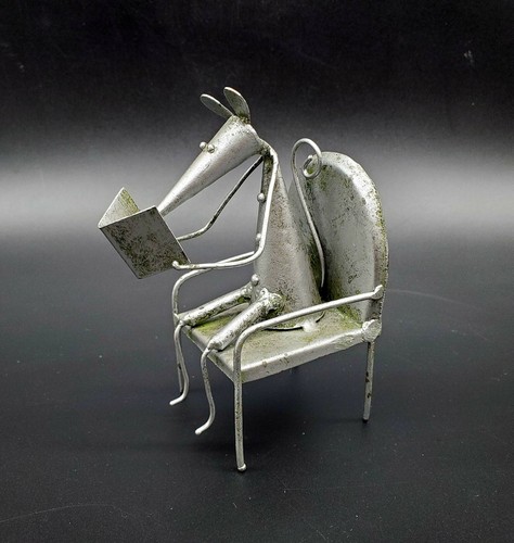 Metal Sculpture Mouse Sitting In Chair Reading Book Library - Picture 1 of 4