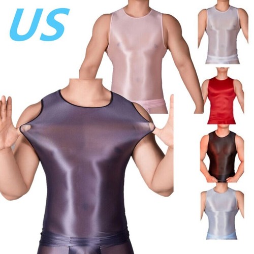 US Herren seidig glänzend Tank Tops ärmellos Muskeltops Unterhemd Fitnessstudio Training Weste - Bild 1 von 194