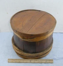 OLD Primitive Large Sugar Bucket Firkin Over Lapping Wood Bands w/ Lid Named !