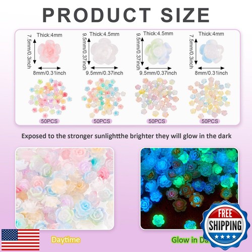 200 Pcs Mini Resin Flower Charms Luminous Rose Flower Flatback Cabochons Glow - Picture 2 of 5