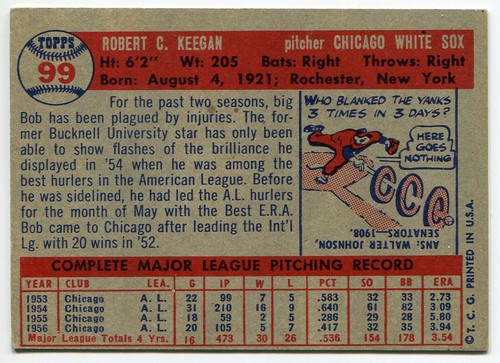 1957 Topps #99 Bob Keegan Chicago White Sox - Picture 2 of 2