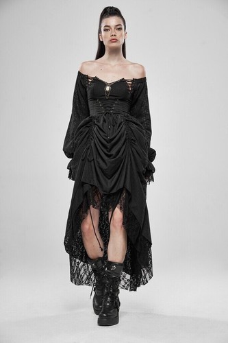 PUNK RAVE Women Goth Vintage Cotton Lace Mesh Slim Fit Lantern Sleeve Long Dress - Picture 12 of 29