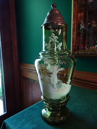 ANTIQUE MARY GREGORY GLASS GREEN TANKARD PITCHER STEIN AND 5 MATCHING GLASSES - Picture 4 of 12