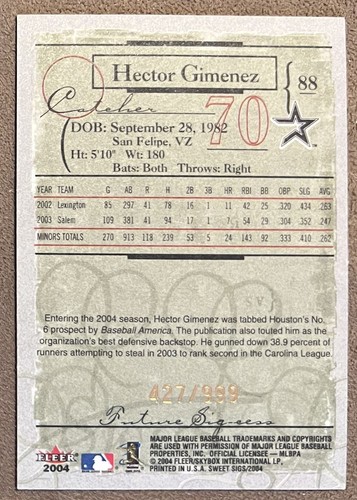 2004 Fleer Sweet Sigs Hector Gimenez Rookie /999 Houston Astros #88 - Picture 2 of 2