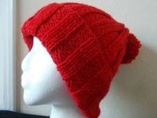 Hand knitted cozy warm pom pom beanie/hat, bright red