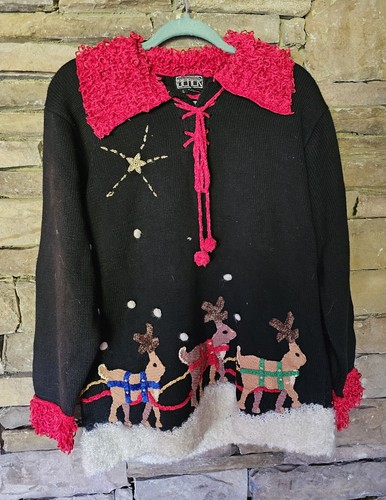 Berek Christmas Sweater Santa & Reindeer Cotton & Ramie Sz L High Quality Piece  - Afbeelding 1 van 6