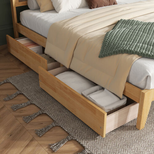 Modern King Size Bed Frame with Rattan Headboard /2 Drawers/ Rubber Wood Bed Oak - Picture 4 of 14