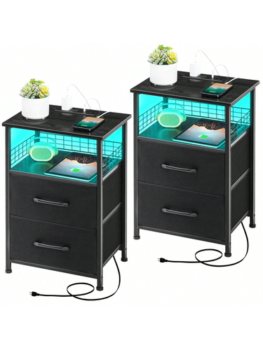 Set of 2 Nightstands with LED Lights USB Ports Drawers for Bedroom Living Room - Picture 2 of 7