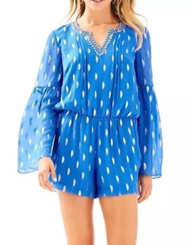 New Lilly Pulitzer Ariele Silk V Neck Romper Shorts 1pc Blue Gold S NEW No Tags - Picture 3 of 3