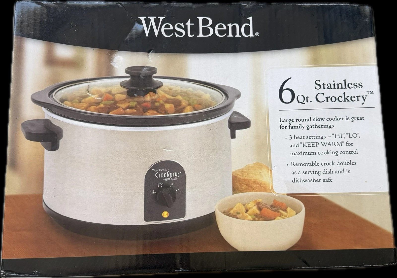 West Bend Crockery Cooker 6 Qt Model #85156 6 Quart White Black Accents Glass