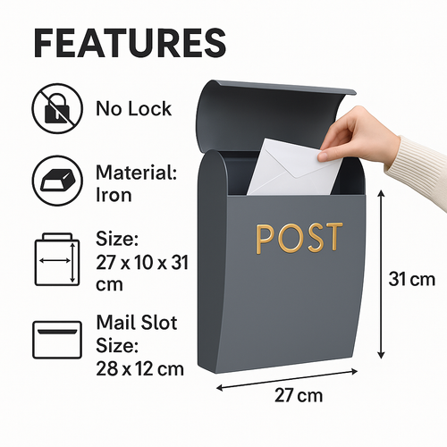 Buzón de correo montado en pared POST gris en relieve con diseño clásico de solapa - Imagen 4 de 12