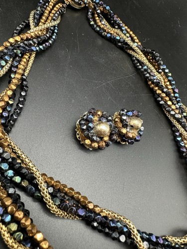 Vtg Beaded Necklace Clip On Earring Set Black Iridescent Copper Gold Tone Twist - Picture 12 of 15