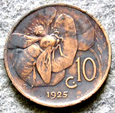 ITALY Vittorio Emanuele III 1925 R 10 CENTESIMI, HONEYBEE on Flower COPPER