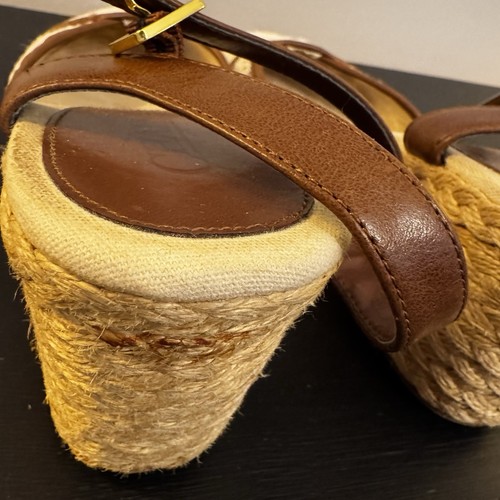 CHAPS Tan Brown Wedge Espadrille Sandals Size 8.5 Ankle Strap 3” Heel - Picture 7 of 12