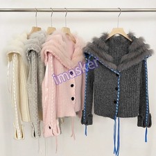 Fashion Womens Hooded Navy Collar Knitted Cardigan Fox Fur Lapel Knitted Jacket