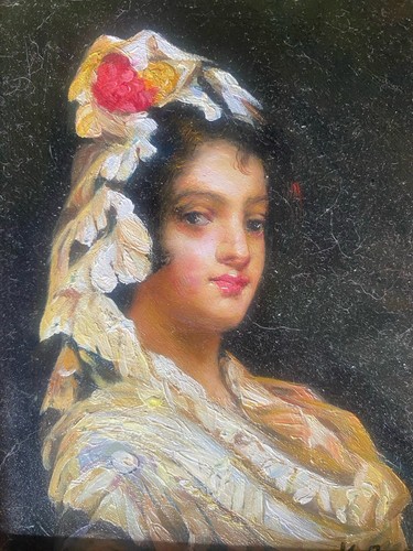 Original Oil On Board Painting - Renaissance Woman in Gold Antique Frame - Picture 5 of 7