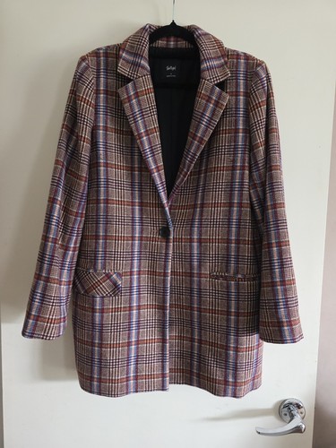 Women's Sportsgirl Checkered Blazer Coat S 10 Wool Blend Lined Work Casual VGC