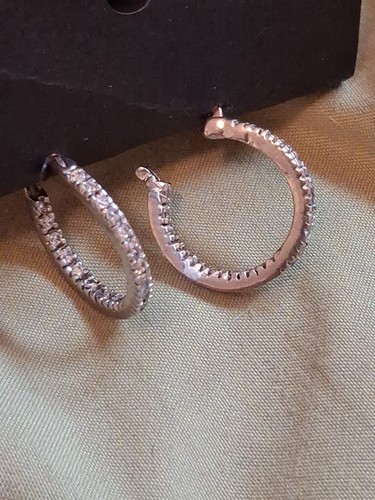 Womans In/Out Rheinstone Sterling Silver Stamped 925 Hoop Earrings Medium Size - Picture 4 of 24