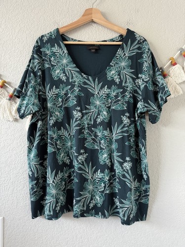 J. Jill Wearever Collection Green Leaf Floral Peasant Relaxed V-Neck Top XL