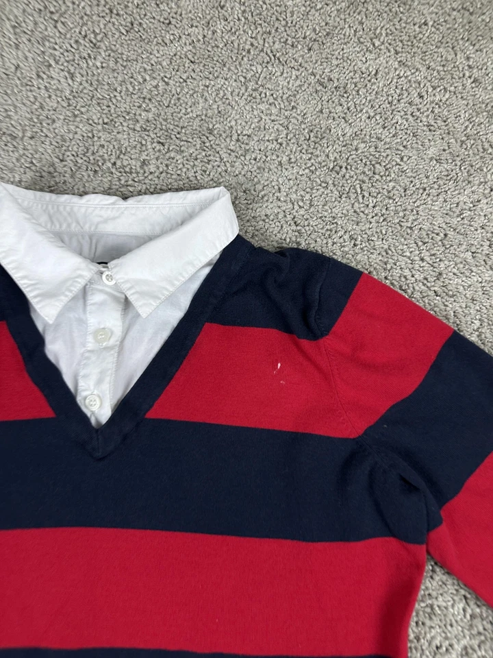 Tommy Hilfiger Suéter Mujer Mediano Azul Marino Rojo Rugby Rayas Cuello en V Camisa en Capas Foto 3 de 4