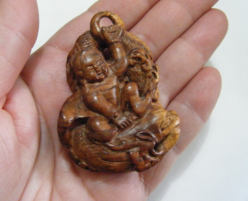 Old Chinese Mythology Child Nezha Rides Dragon Pendant Carved Huanghuali Wood - Picture 2 of 5