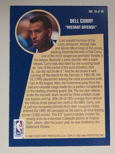 1992-93 Fleer Sharp Shooter Dell Curry # 16 - Picture 2 of 2
