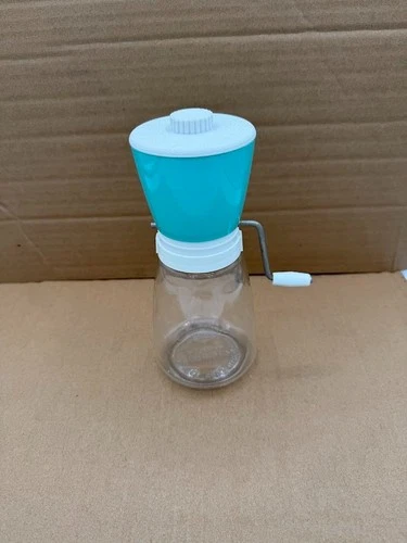 Vintage Federal Housewares Turquoise  Nut Grinder White Lid Hand Crank Glass Jar