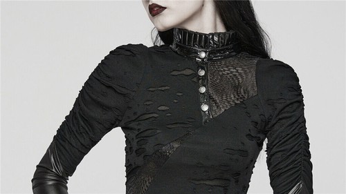 Camiseta ajustada manga larga punk rave negra gótica punk dobladillo irregular para mujer - Imagen 13 de 22