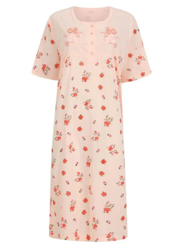 Nightdress Nightie Womens Cotton Blend Ladies Short Sleeve Button Floral Pattern - Picture 11 of 17