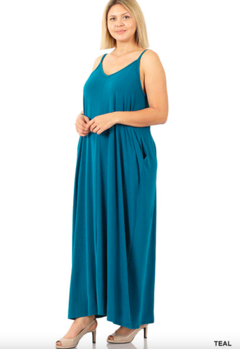 NEU V-Ausschnitt Cami Maxikleid mit Seitentaschen lockere Passform - Large/XL/1X - Bild 12 von 14