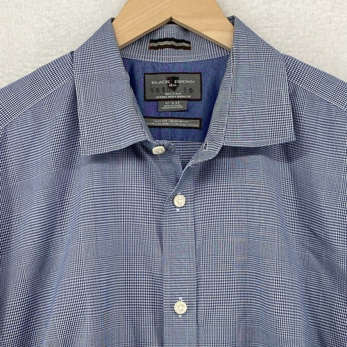 BLACK BROWN 1826 Shirt Mens 17.5 33 80s 2 Ply Slim Fit Non Iron Dress Check Blue - Picture 5 of 12