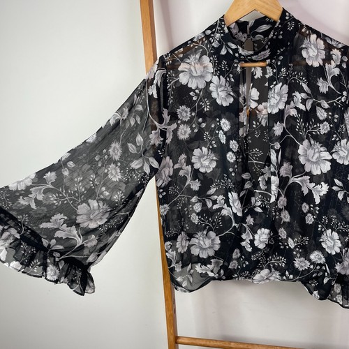 Sheike Blouse Top Womens 12 Black Floral Sheer Bell Sleeve Faux Wrap High Neck - Picture 5 of 13