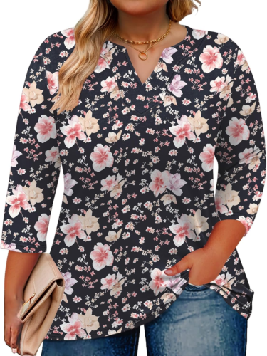 Womens plus Size Tops Casual 3/4 Sleeve V Neck T Shirt Loose Fit Tunic Blouse 1X - Picture 14 of 27