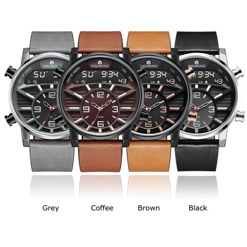 Dual Analogue Digital Mens Sport Watches Waterproof Leather Strap Men Wristwatch - Picture 2 of 19