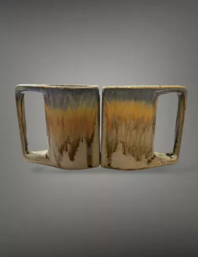 Rodolfo Padilla Signed Drip Glazed Stoneware Coffee Mugs Vintage Blue Orange Tan