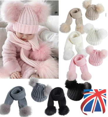 Baby Double Pom Pom Hat and Long Scarf Set Bobble Beanie Knit Hat Boy Girl 0-3yr