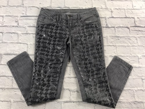 vera wang simply vera 9 Gray Denim Skinny Jeans Shimmer Black Houndstooth Print - Picture 2 of 7