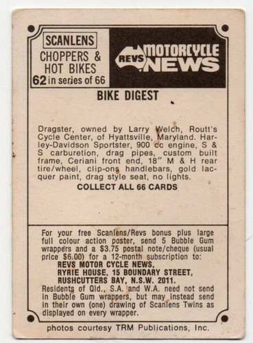 1974 Scanlens Choppers & Hot Bikes (62) Dragster - Picture 2 of 2