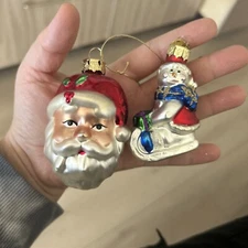 2 Mercury Glass Figural Christmas Ornaments Santa Head Snowman 3.25" Vintage