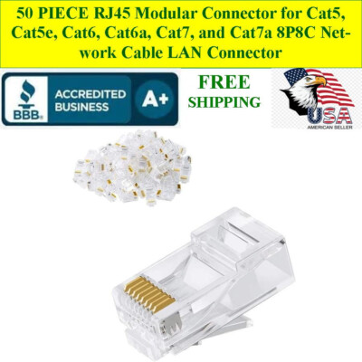 50 PACK RJ45 Modular Cat5, Cat5e, Cat6, Cat6a, Cat7, and Cat7a 8P8C Gold Plated