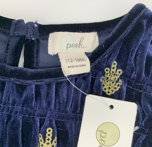 NWT Peek Girls 12-18 Months Blue Velour Smocked Sparkle Trees Holiday Jumpsuit - Picture 6 of 7